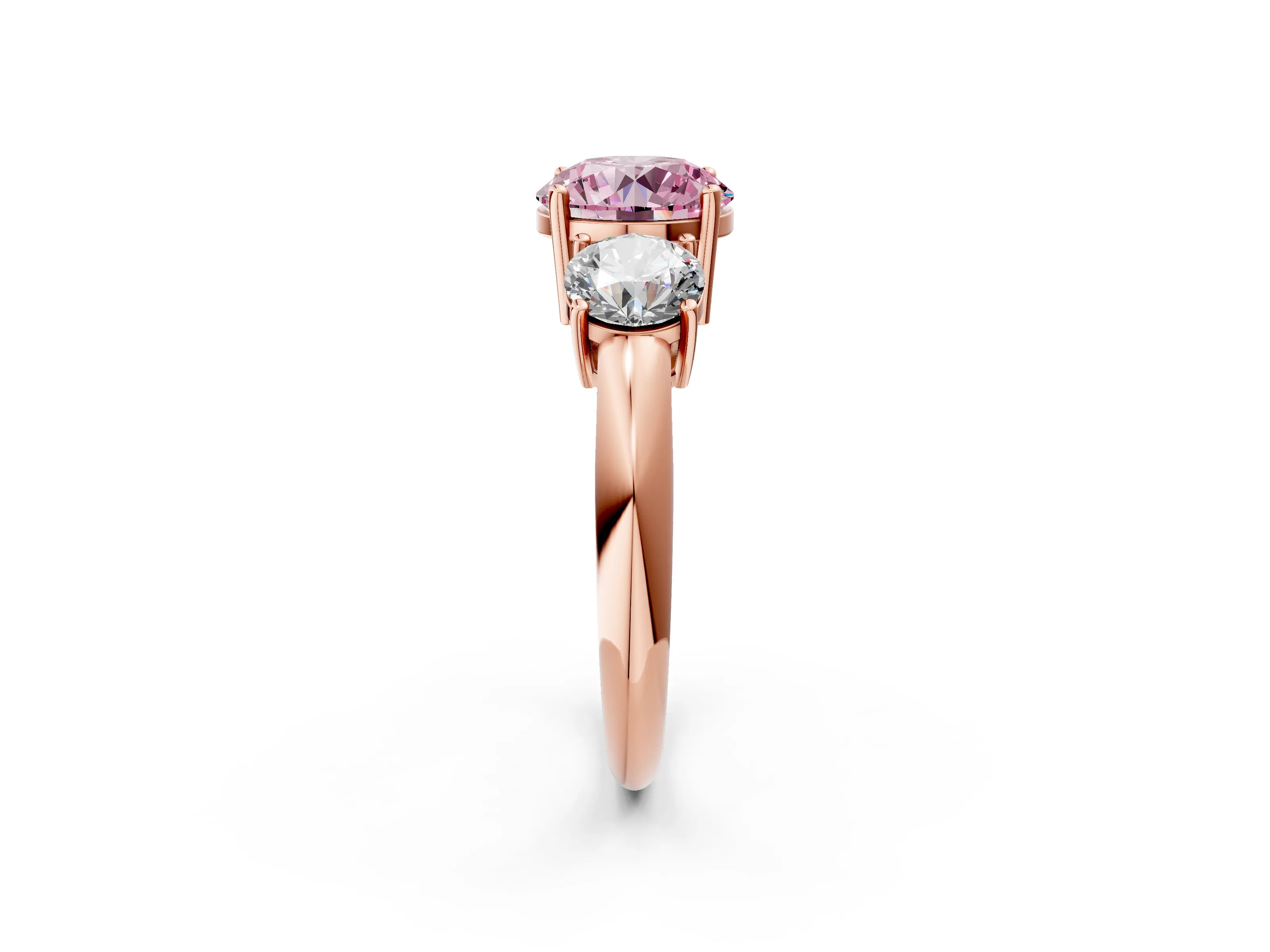 Rose gold Three-Stone Fancy Pink Round Cut Cut Diamond Engagement Ring with Prong Setting on a White Gold Band_26