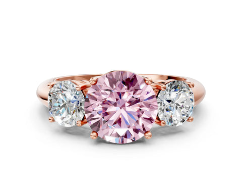 Rose gold Three-Stone Fancy Pink Round Cut Cut Diamond Engagement Ring with Prong Setting on a White Gold Band