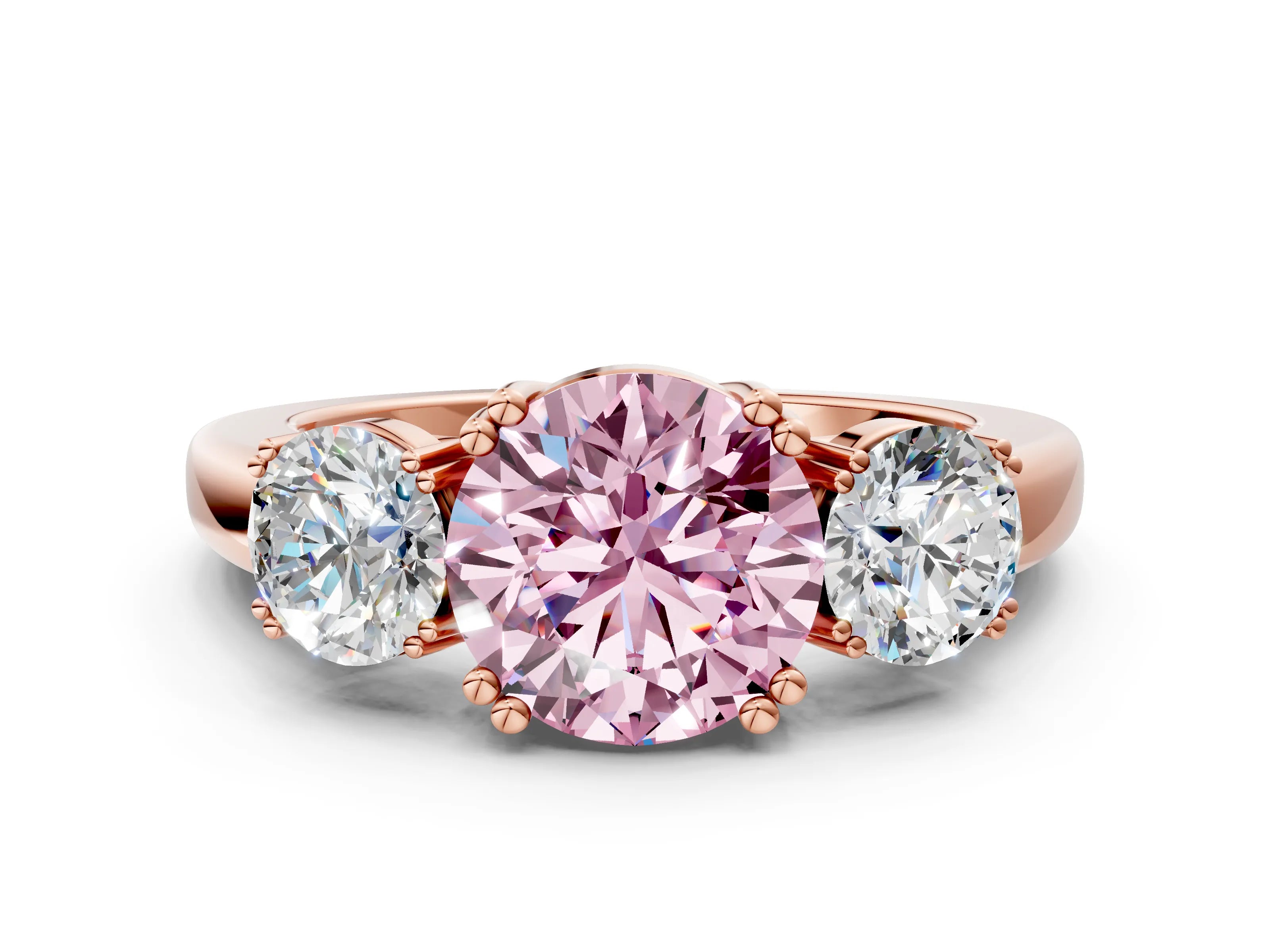 Rose gold Three-Stone Fancy Pink Round Cut Cut Diamond Ring with Channel Set Band and Four-Prong Setting