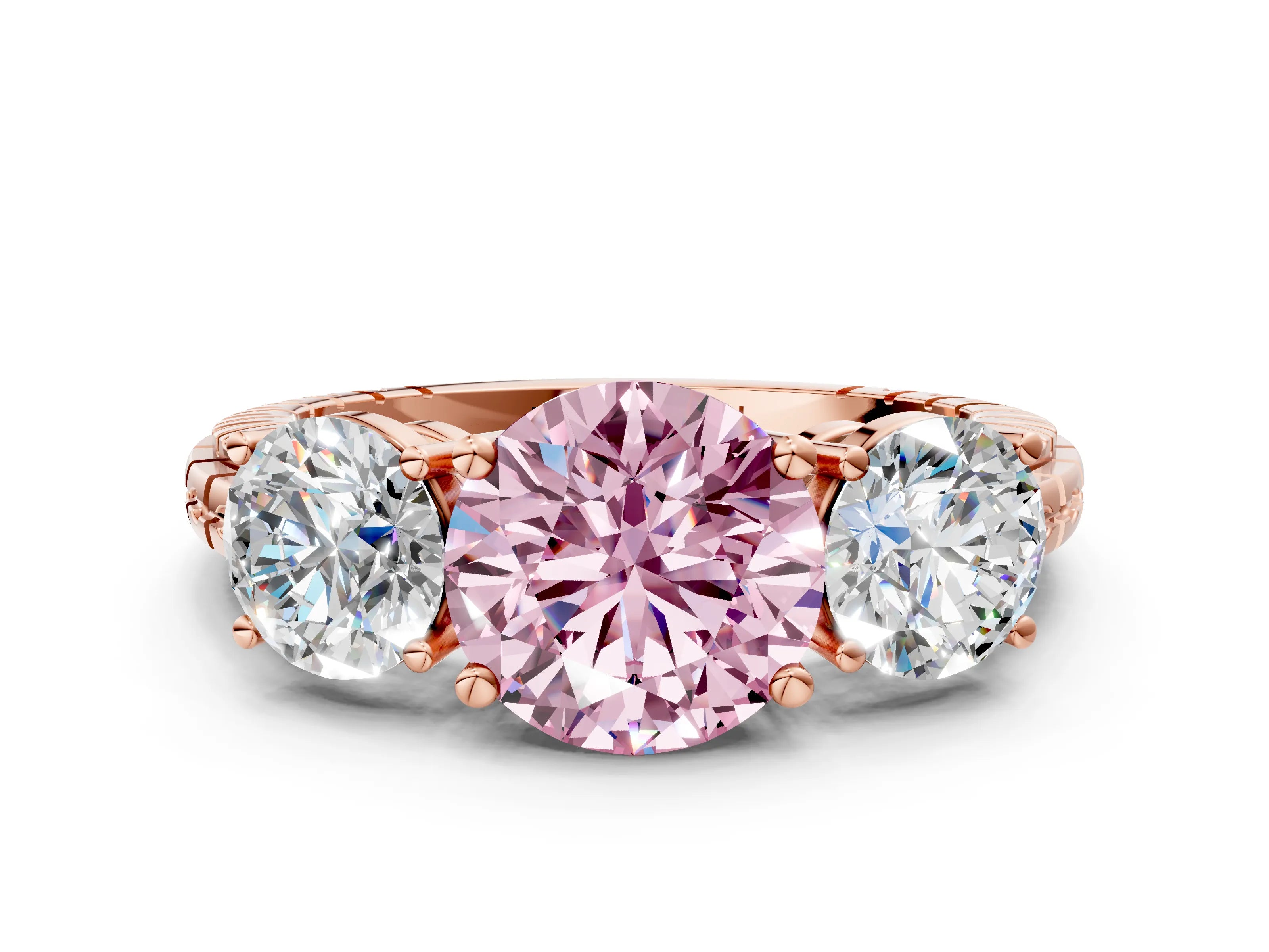 Rose gold Three-Stone Fancy Pink Round Cut Cut Diamond Ring with Channel-Set Band and Prong Setting