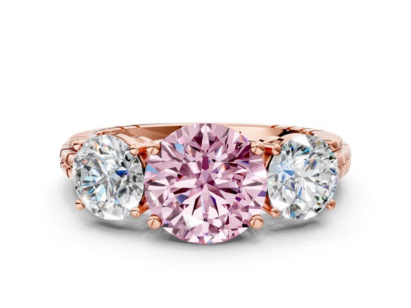 Rose gold Three-Stone Fancy Pink Round Cut Cut Diamond Ring with Channel-Set Band and Prong Setting