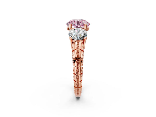 Rose gold Three-Stone Fancy Pink Round Cut Cut Diamond Ring with Channel-Set Band and Prong Setting