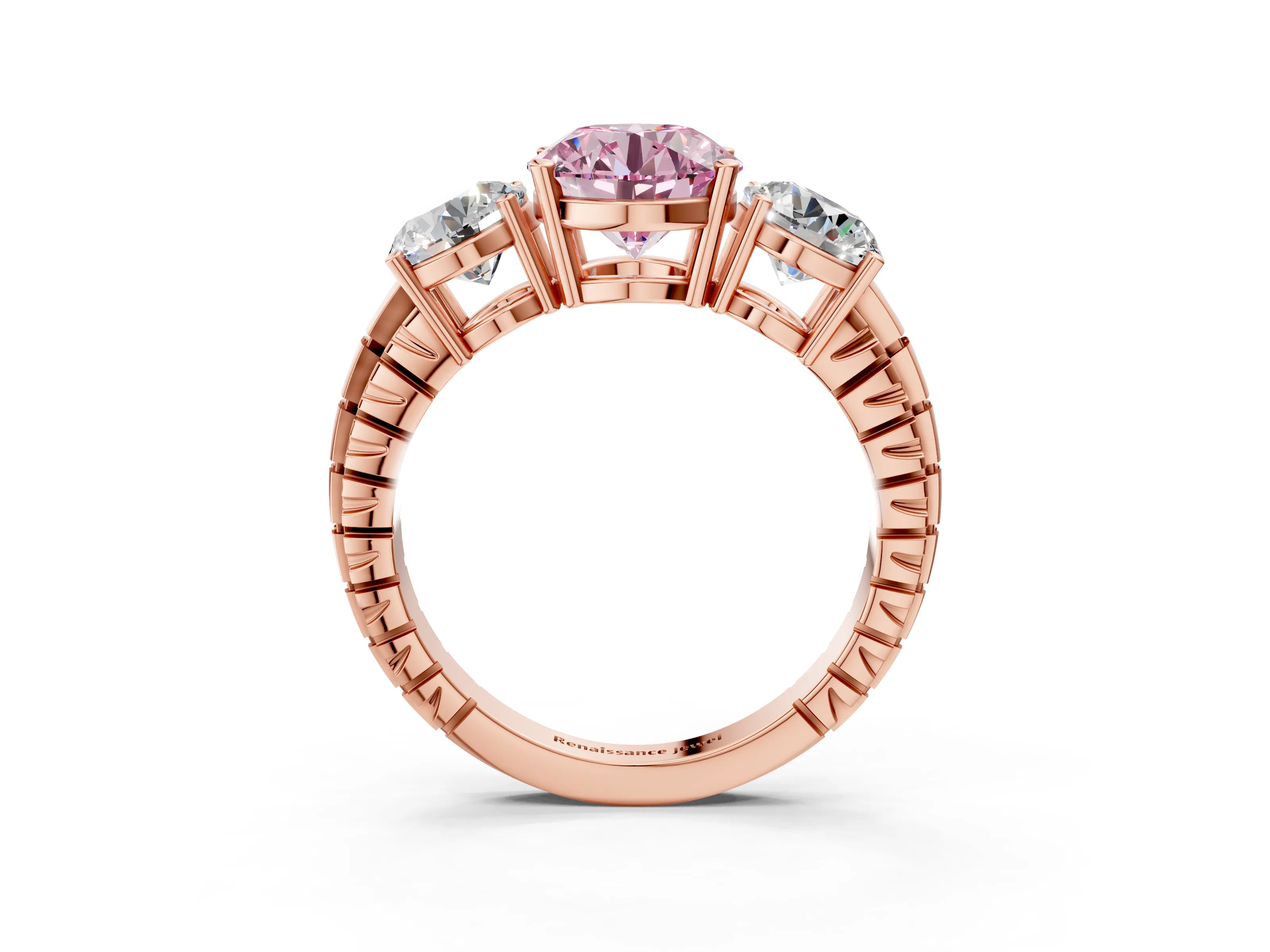 Rose gold Three-Stone Fancy Pink Round Cut Cut Diamond Ring with Channel-Set Band and Prong Setting_3