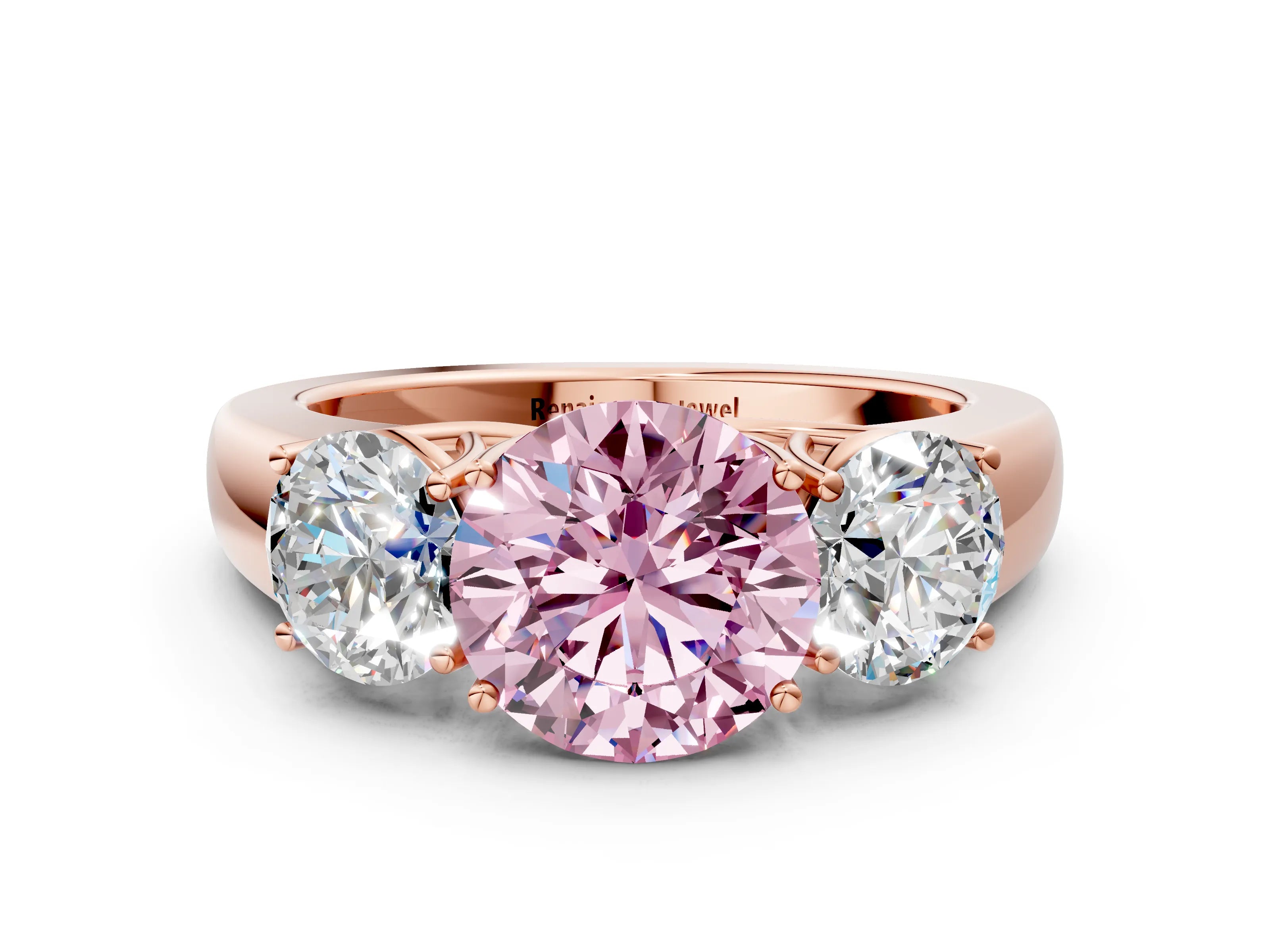 Rose gold Three-Stone Fancy Pink Round Cut Cut Diamond Ring with Prong Setting and Classic Band