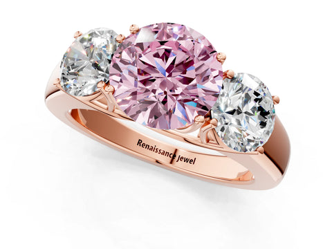 Rose gold Three-Stone Fancy Pink Round Cut Cut Diamond Ring with Prong Setting and Classic Band_1