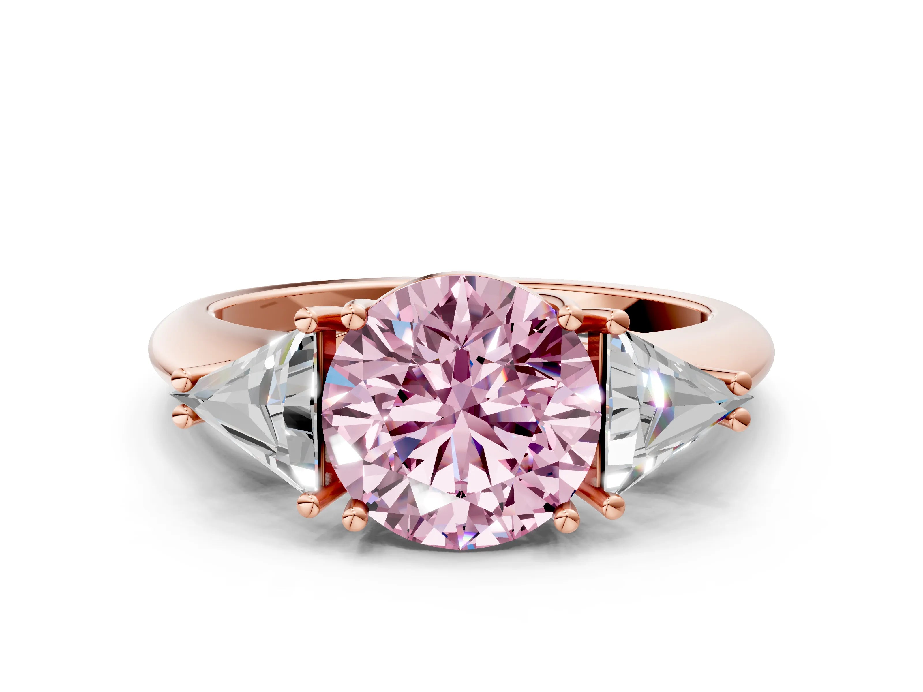 Rose gold Three-Stone Fancy Pink Round Cut Cut Diamond Ring with Trillion Side Stones and Four-Prong Setting_3