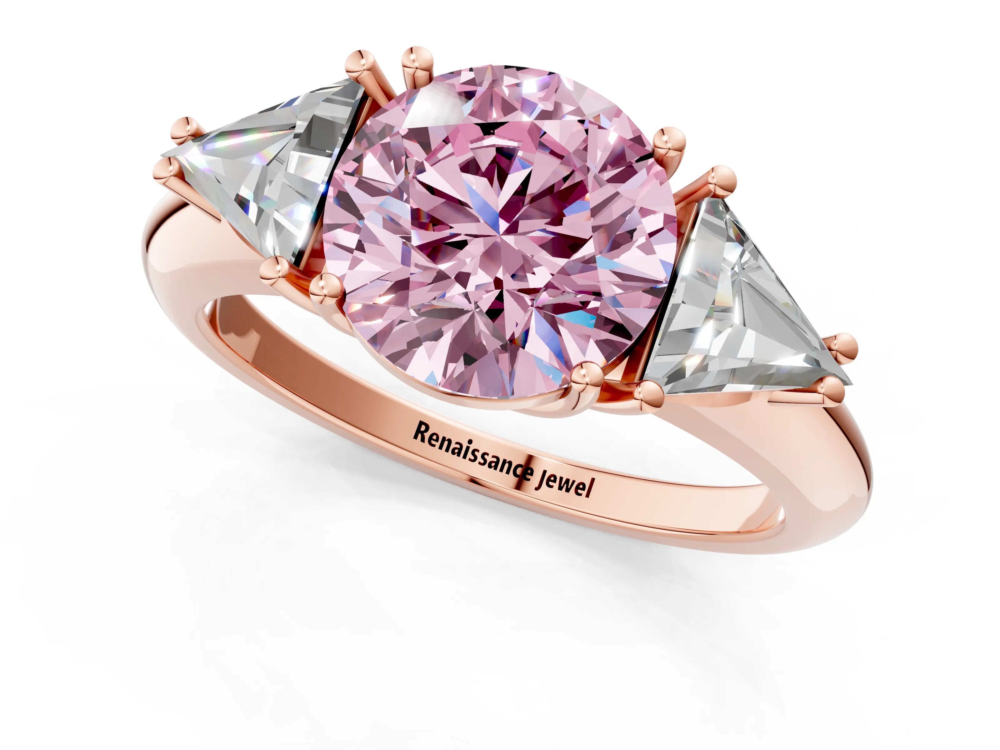 Rose gold Three-Stone Fancy Pink Round Cut Cut Diamond Ring with Trillion Side Stones and Four-Prong Setting_4