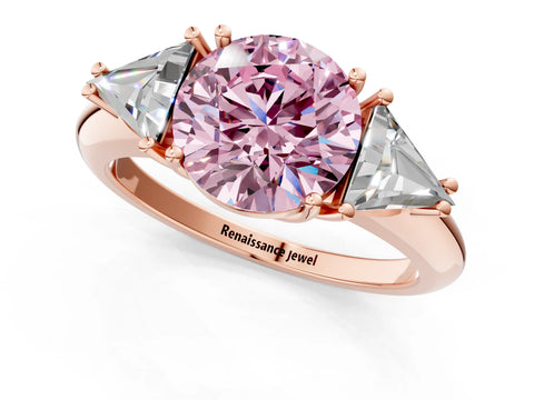 Rose gold Three-Stone Fancy Pink Round Cut Cut Diamond Ring with Trillion Side Stones and Four-Prong Setting_4