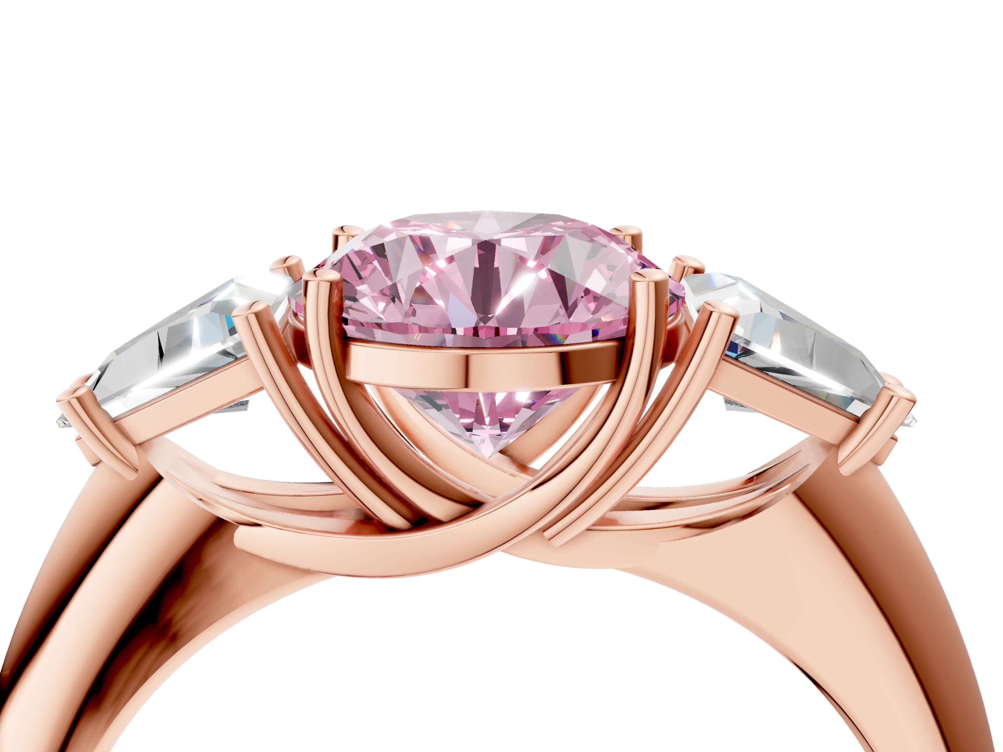 Rose gold Three-Stone Fancy Pink Round Cut Cut Diamond Ring with Trillion Side Stones and Four-Prong Setting_7