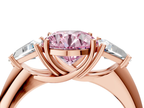 Rose gold Three-Stone Fancy Pink Round Cut Cut Diamond Ring with Trillion Side Stones and Four-Prong Setting_7
