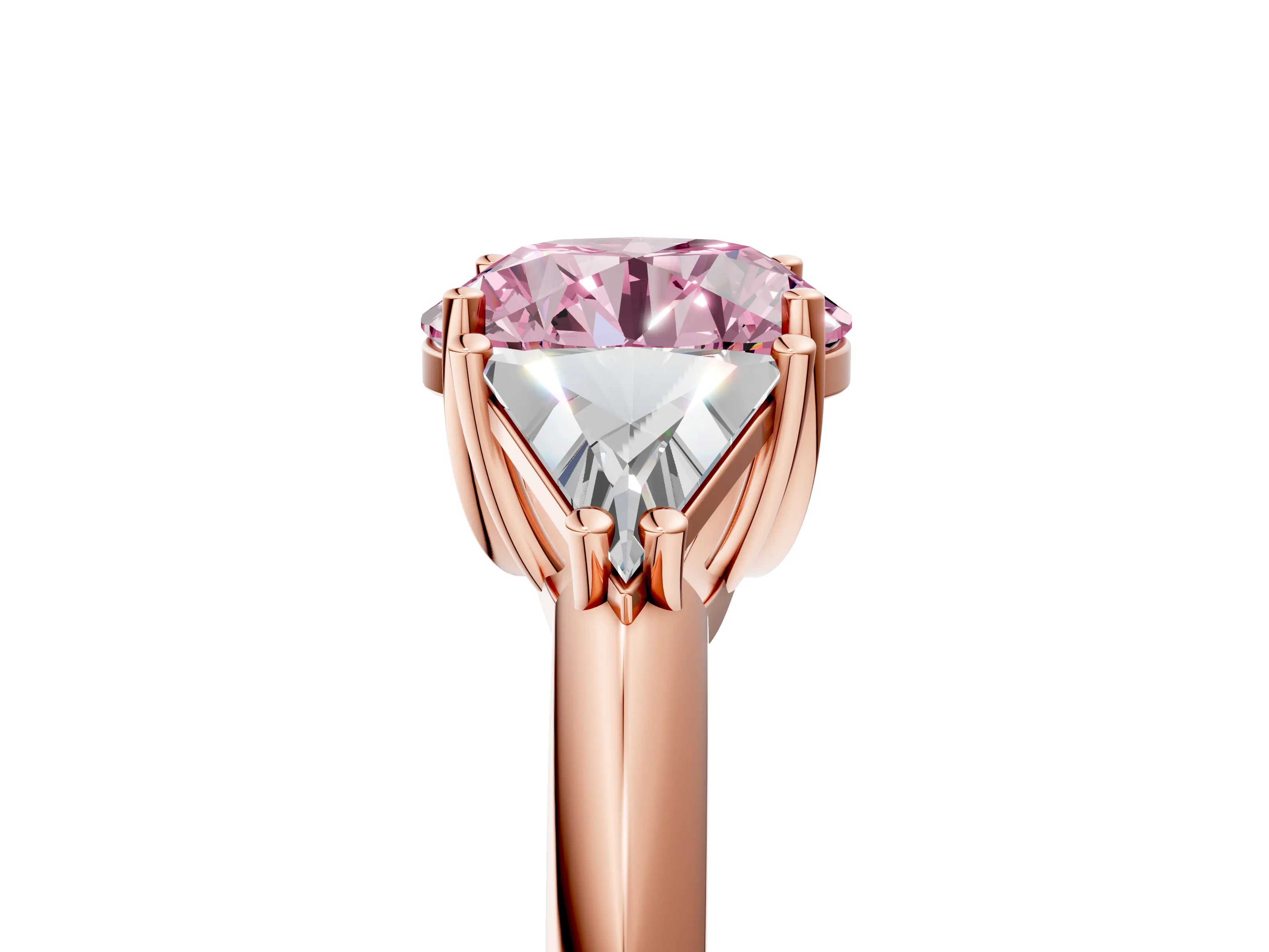 Rose gold Three-Stone Fancy Pink Round Cut Cut Diamond Ring with Trillion Side Stones and Four-Prong Setting_8