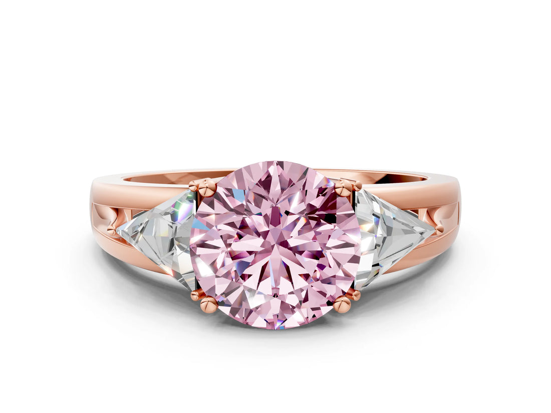 Rose gold Three-Stone Fancy Pink Round Cut Cut Diamond Ring with Trillion Side Stones on a Split Shank Band