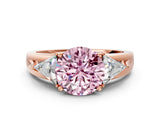 Rose gold Three-Stone Fancy Pink Round Cut Cut Diamond Ring with Trillion Side Stones on a Split Shank Band