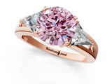 Rose gold Three-Stone Fancy Pink Round Cut Cut Diamond Ring with Trillion Side Stones on a Split Shank Band_1