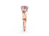 Rose gold Three-Stone Fancy Pink Round Cut Cut Diamond Ring with Trillion Side Stones on a Split Shank Band_2