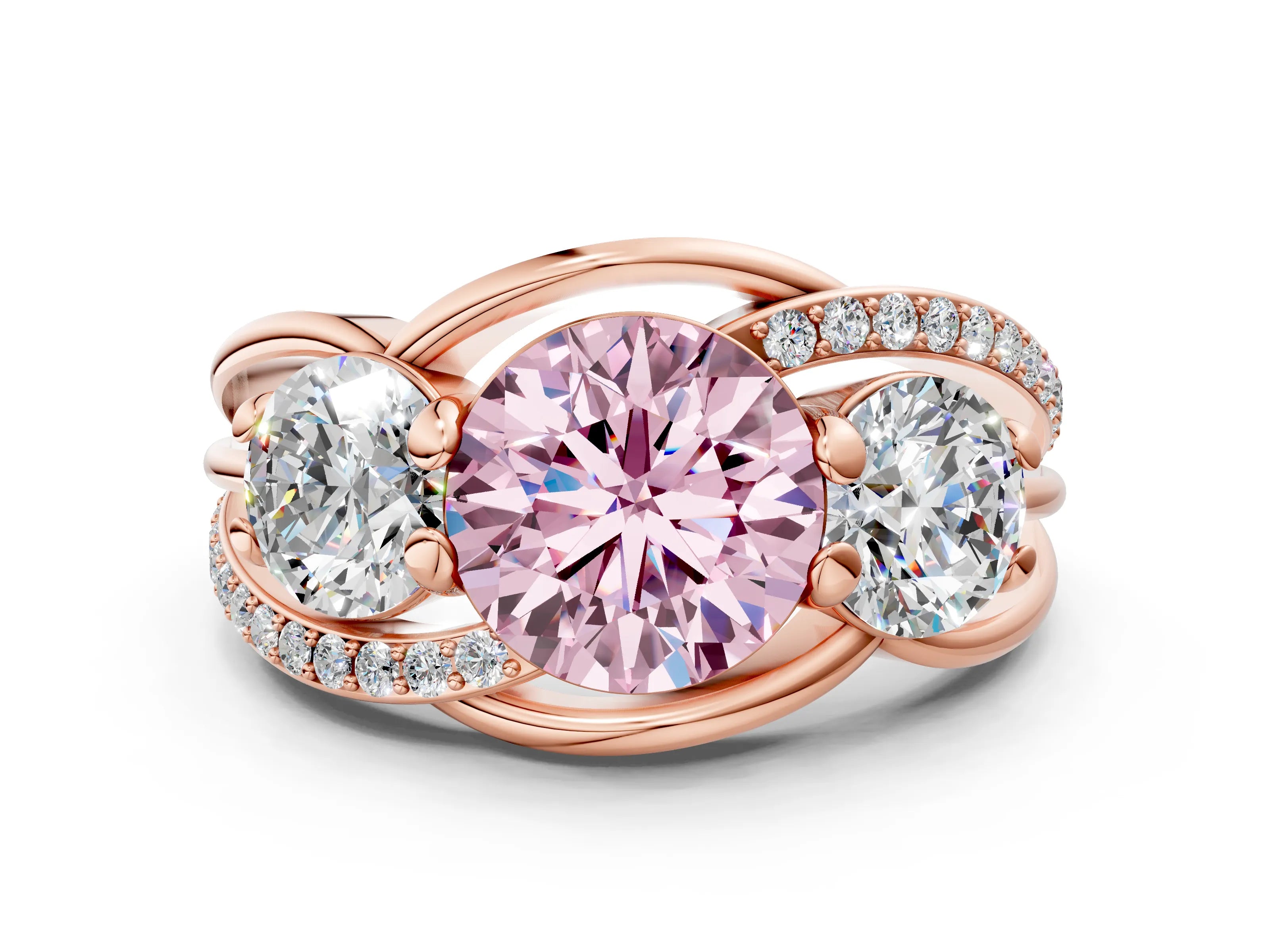 Rose gold Three-Stone Fancy Pink Round Cut Cut Diamond Split Shank Prong Set Ring