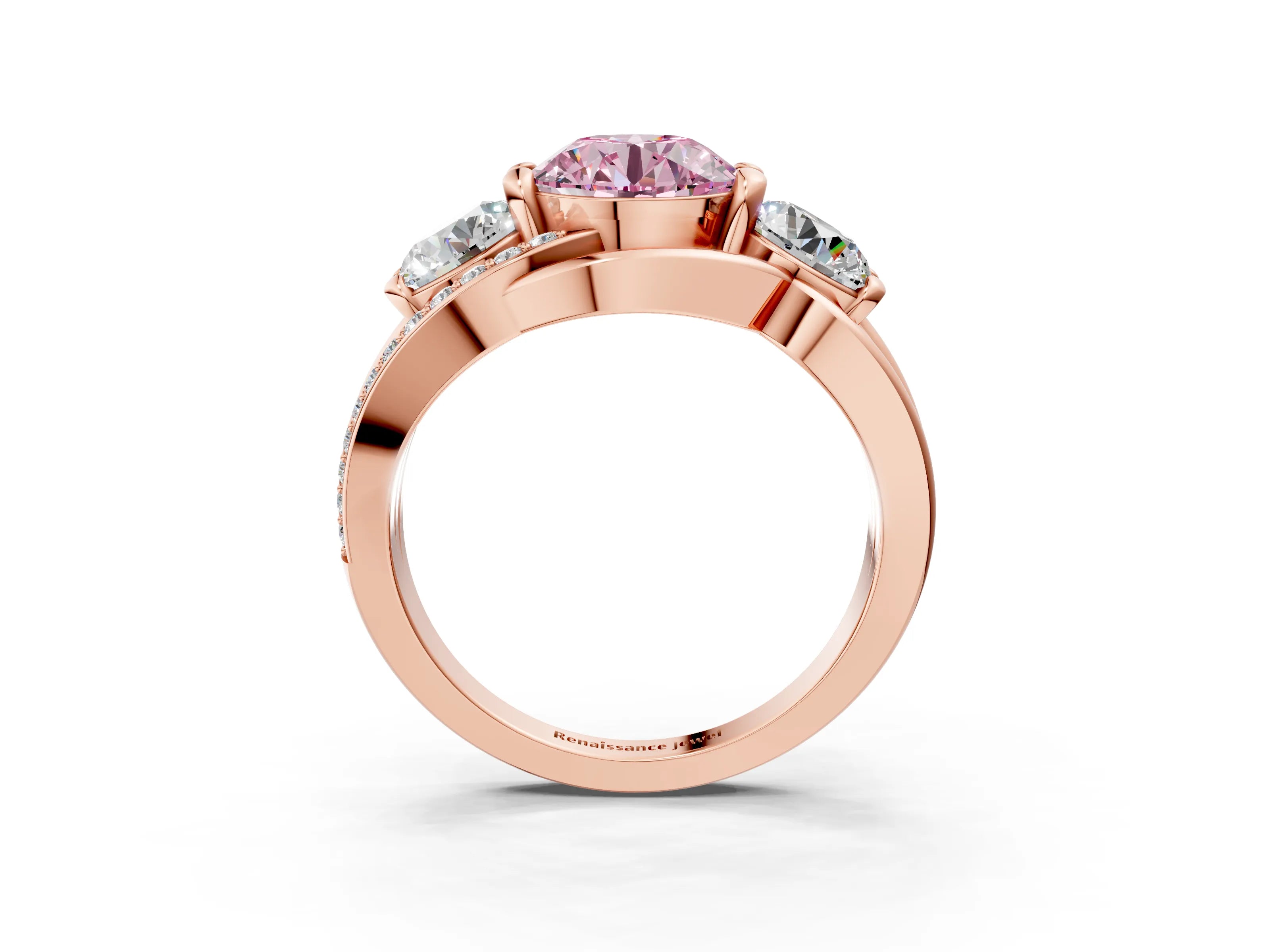 Rose gold Three-Stone Fancy Pink Round Cut Cut Diamond Split Shank Prong Set Ring_3