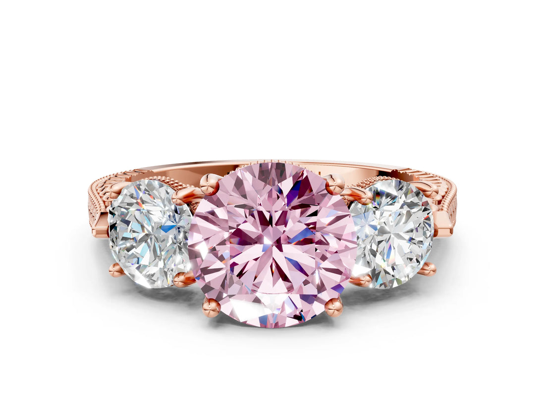 Rose gold Three-Stone Fancy Pink Round Cut Cut Milgrain Band Prong Setting Ring