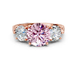 Rose gold Three-Stone Fancy Pink Round Cut Cut Milgrain Band Prong Setting Ring