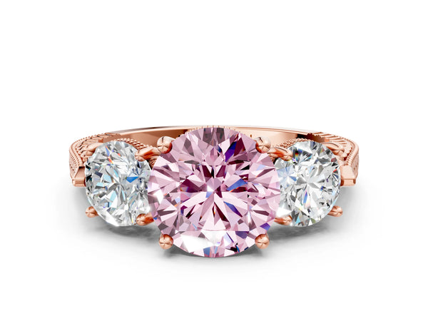 Rose Gold Round Vintage Three Stone Engagement Ring Setting for Fancy Pink Center