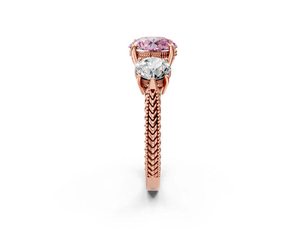 Rose Gold Round Vintage Three Stone Engagement Ring Setting for Fancy Pink Center
