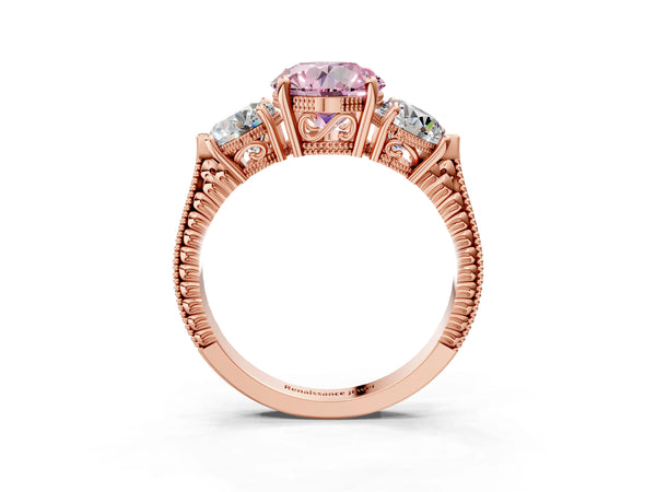 Rose Gold Round Vintage Three Stone Engagement Ring Setting for Fancy Pink Center