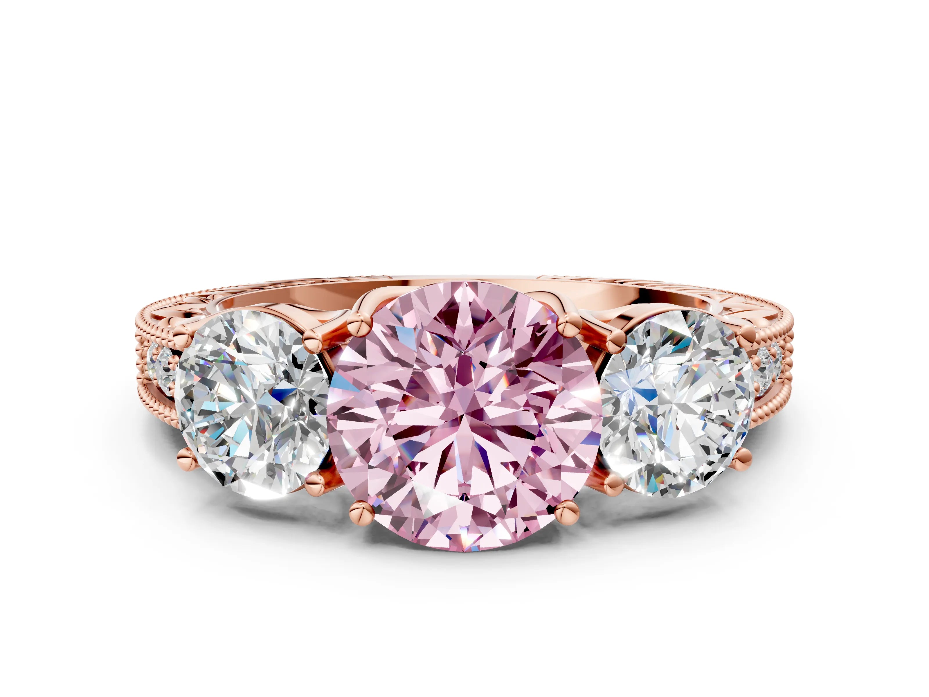 Rose gold Three-Stone Fancy Pink Round Cut Cut Milgrain Pavé Engagement Ring_12