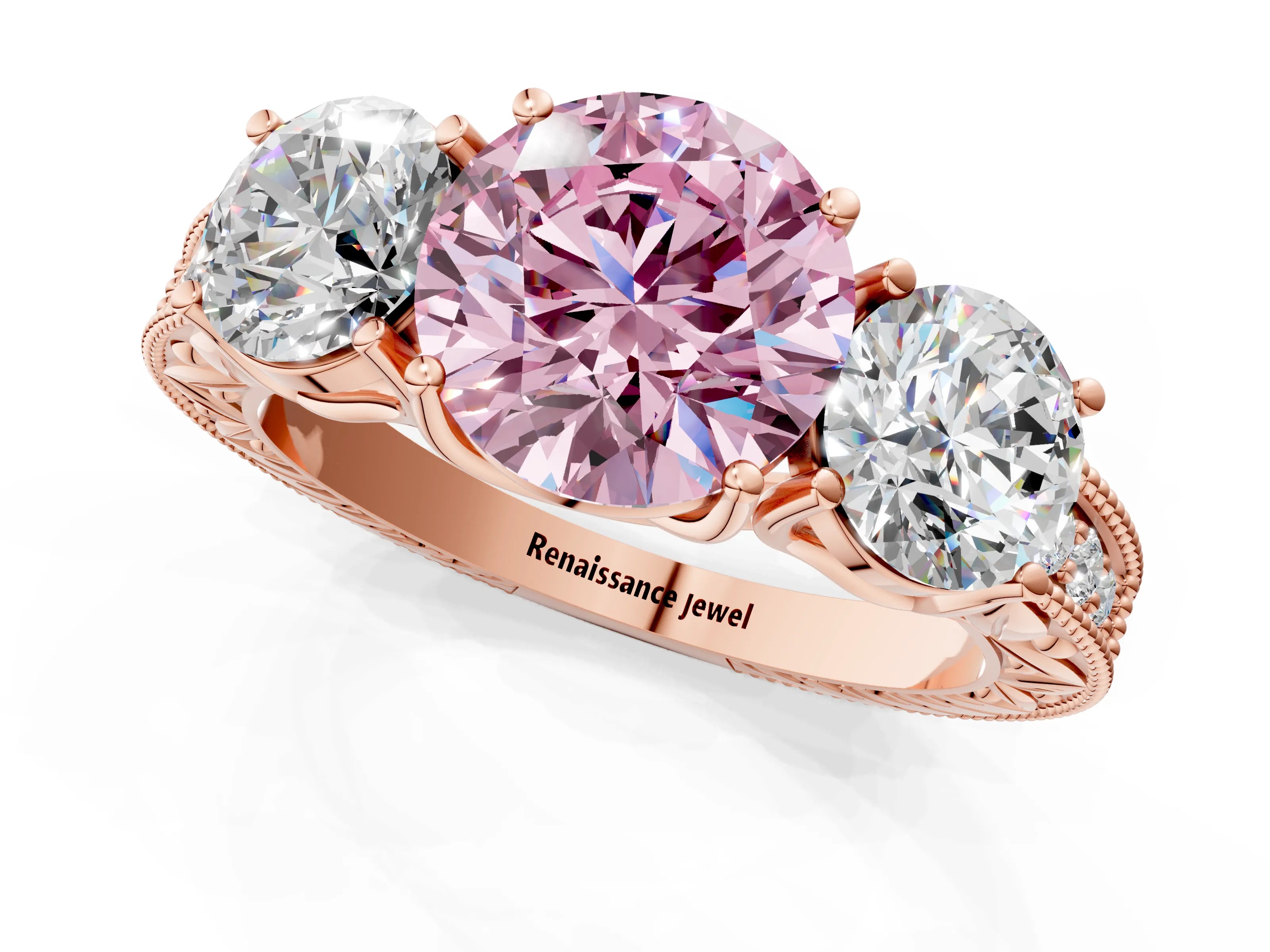 Rose gold Three-Stone Fancy Pink Round Cut Cut Milgrain Pavé Engagement Ring_13
