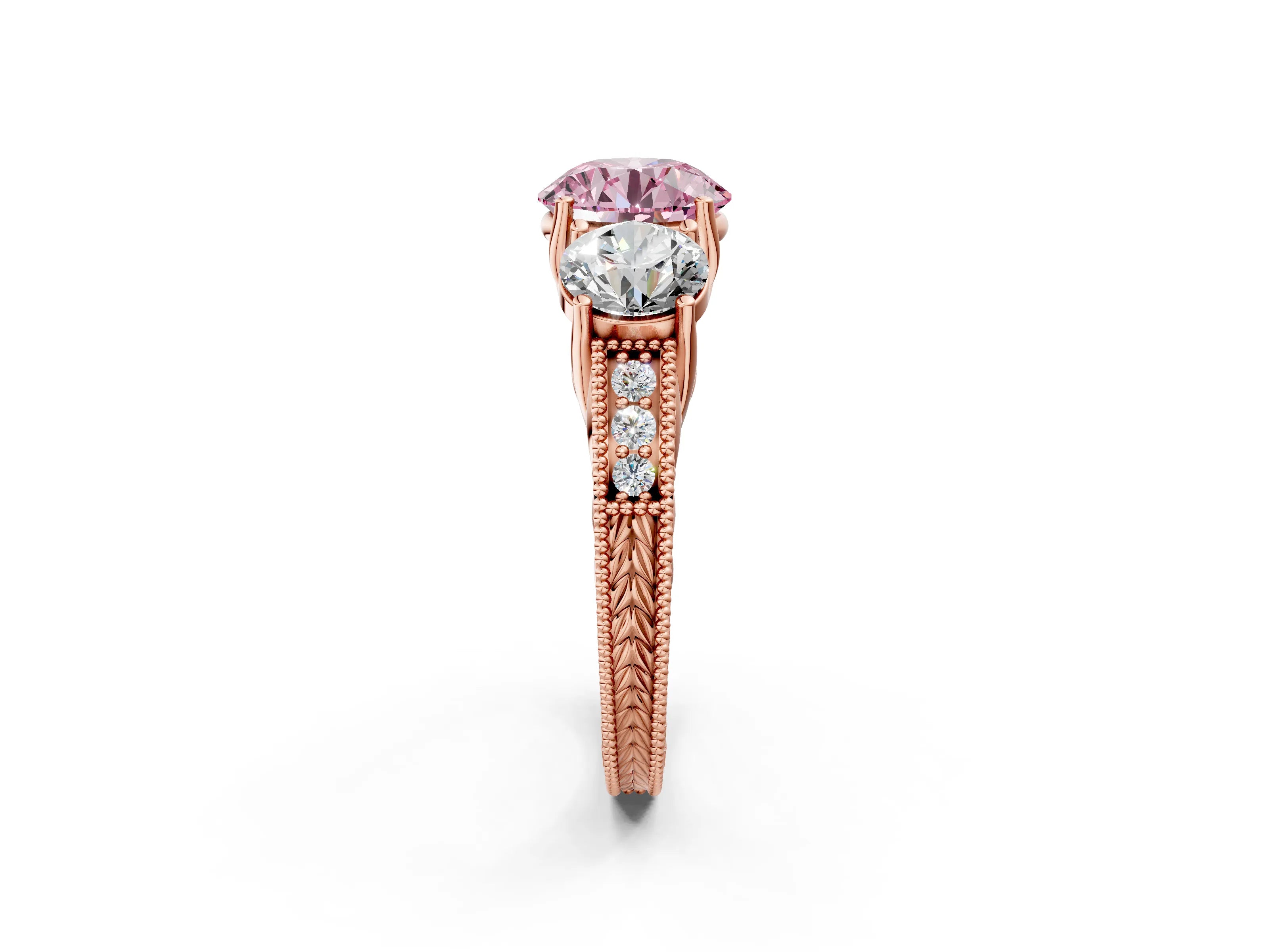 Rose gold Three-Stone Fancy Pink Round Cut Cut Milgrain Pavé Engagement Ring_14