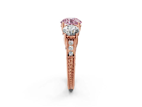 Rose gold Three-Stone Fancy Pink Round Cut Cut Milgrain Pavé Engagement Ring_14
