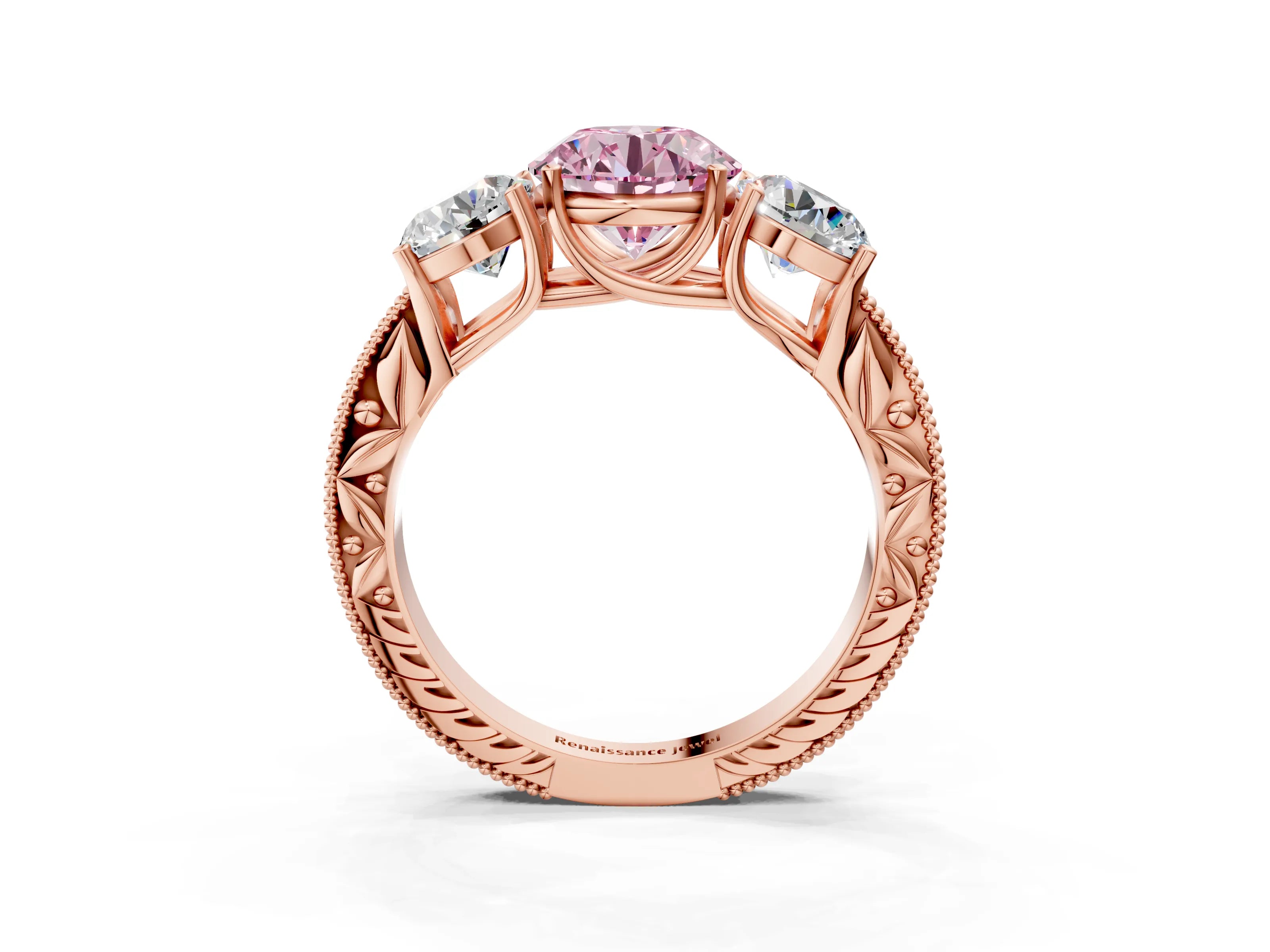 Rose gold Three-Stone Fancy Pink Round Cut Cut Milgrain Pavé Engagement Ring_15