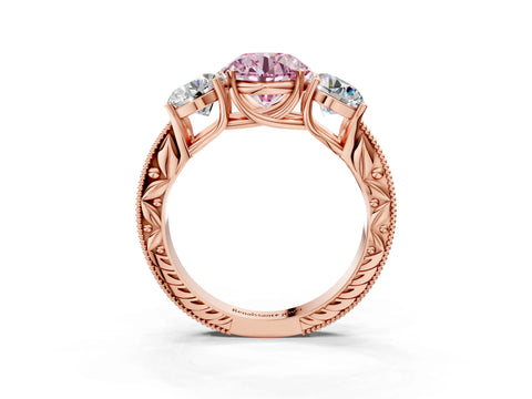 Rose gold Three-Stone Fancy Pink Round Cut Cut Milgrain Pavé Engagement Ring_15