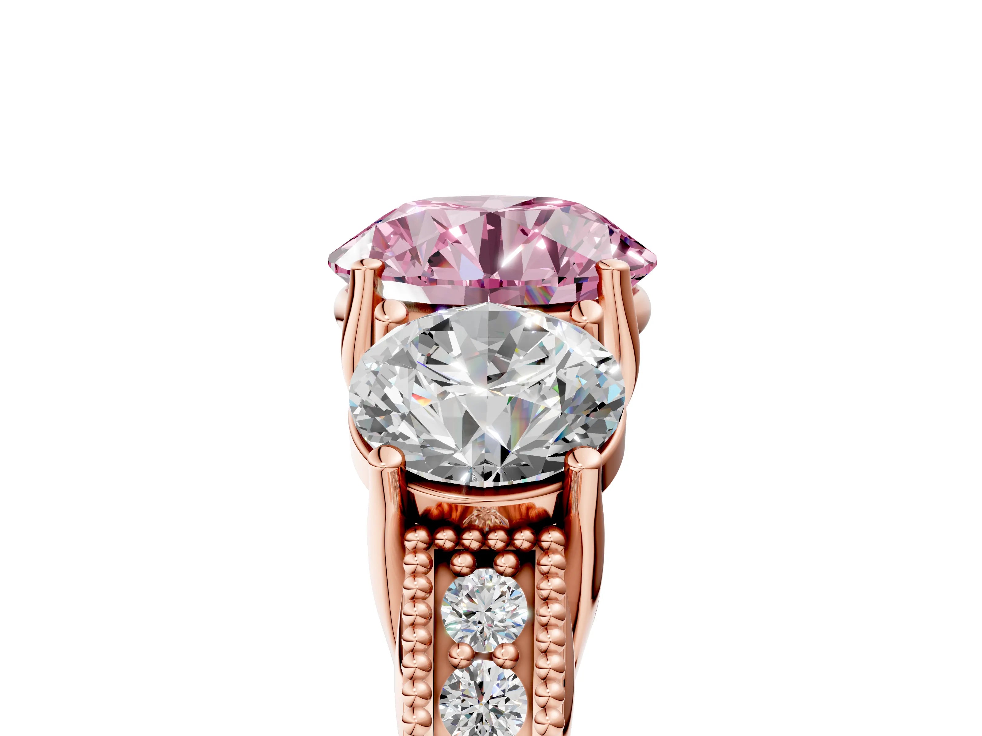 Rose gold Three-Stone Fancy Pink Round Cut Cut Milgrain Pavé Engagement Ring_17