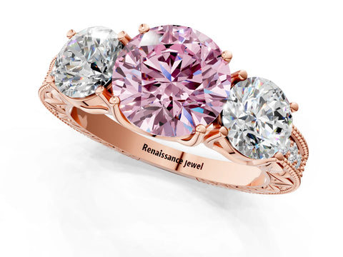 Rose gold Three-Stone Fancy Pink Round Cut Cut Milgrain Pavé Engagement Ring_1