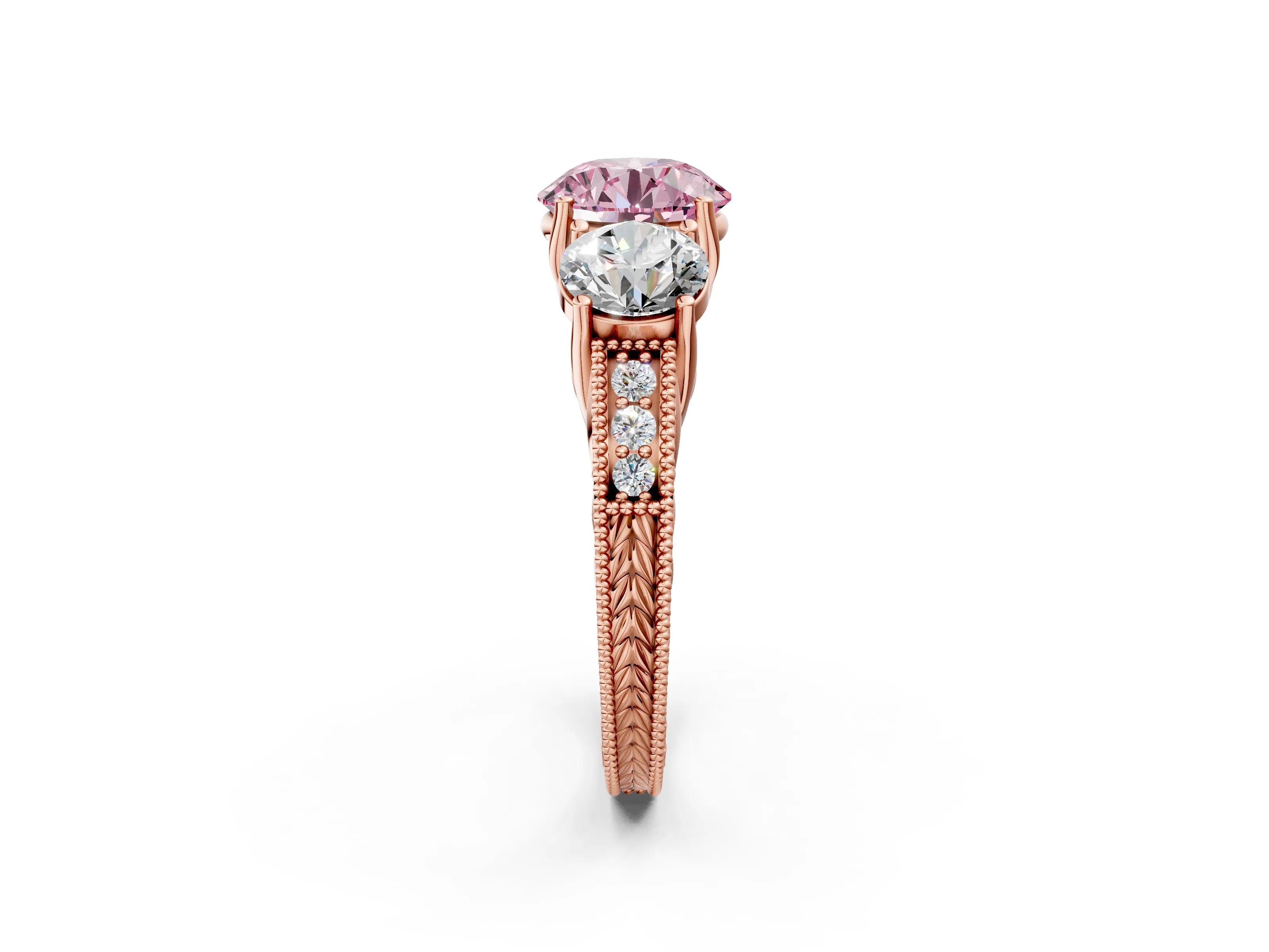 Rose gold Three-Stone Fancy Pink Round Cut Cut Milgrain Pavé Engagement Ring_2