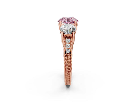 Rose gold Three-Stone Fancy Pink Round Cut Cut Milgrain Pavé Engagement Ring_2