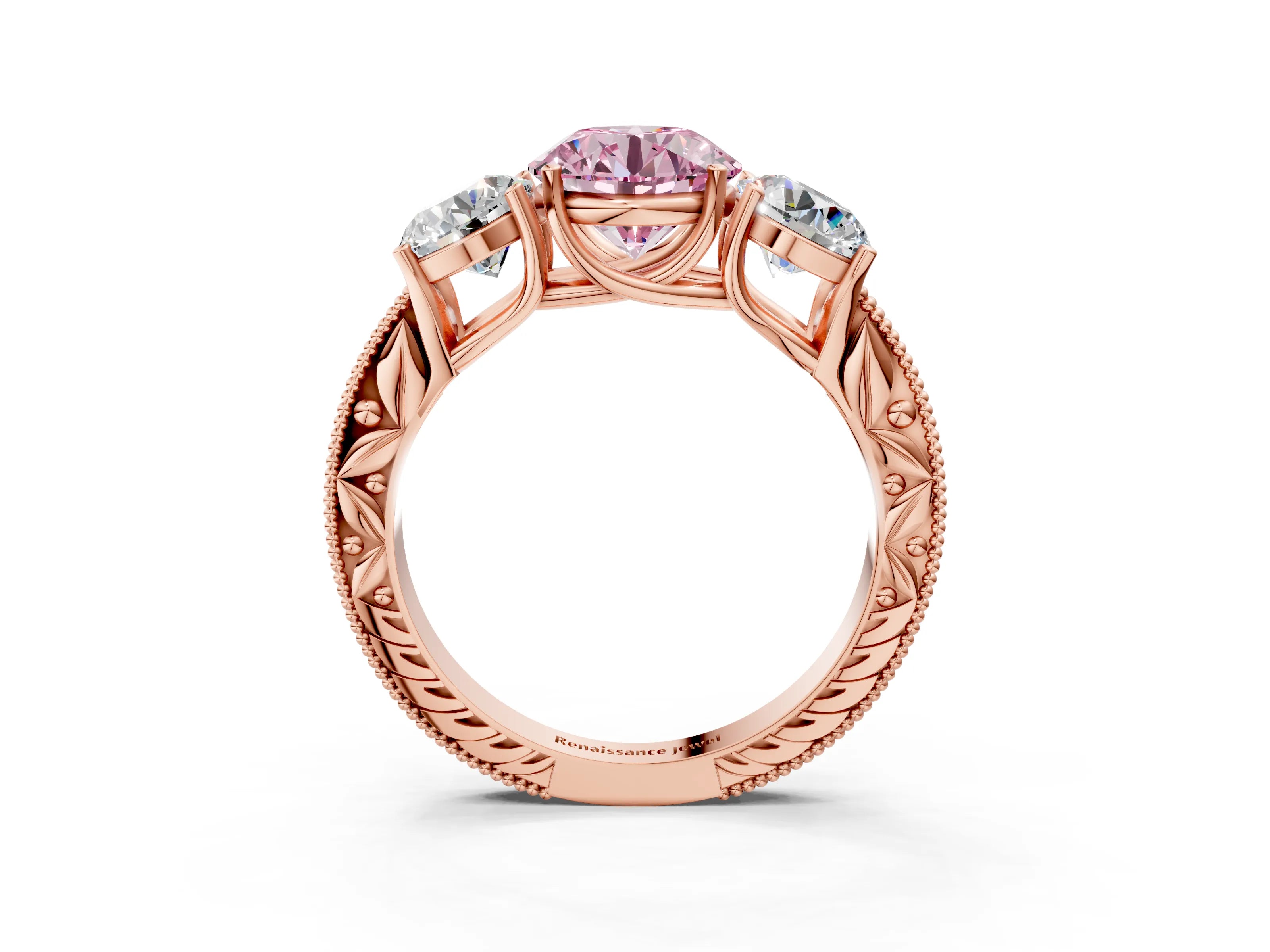 Rose gold Three-Stone Fancy Pink Round Cut Cut Milgrain Pavé Engagement Ring_3