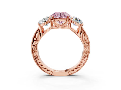 Rose gold Three-Stone Fancy Pink Round Cut Cut Milgrain Pavé Engagement Ring_3