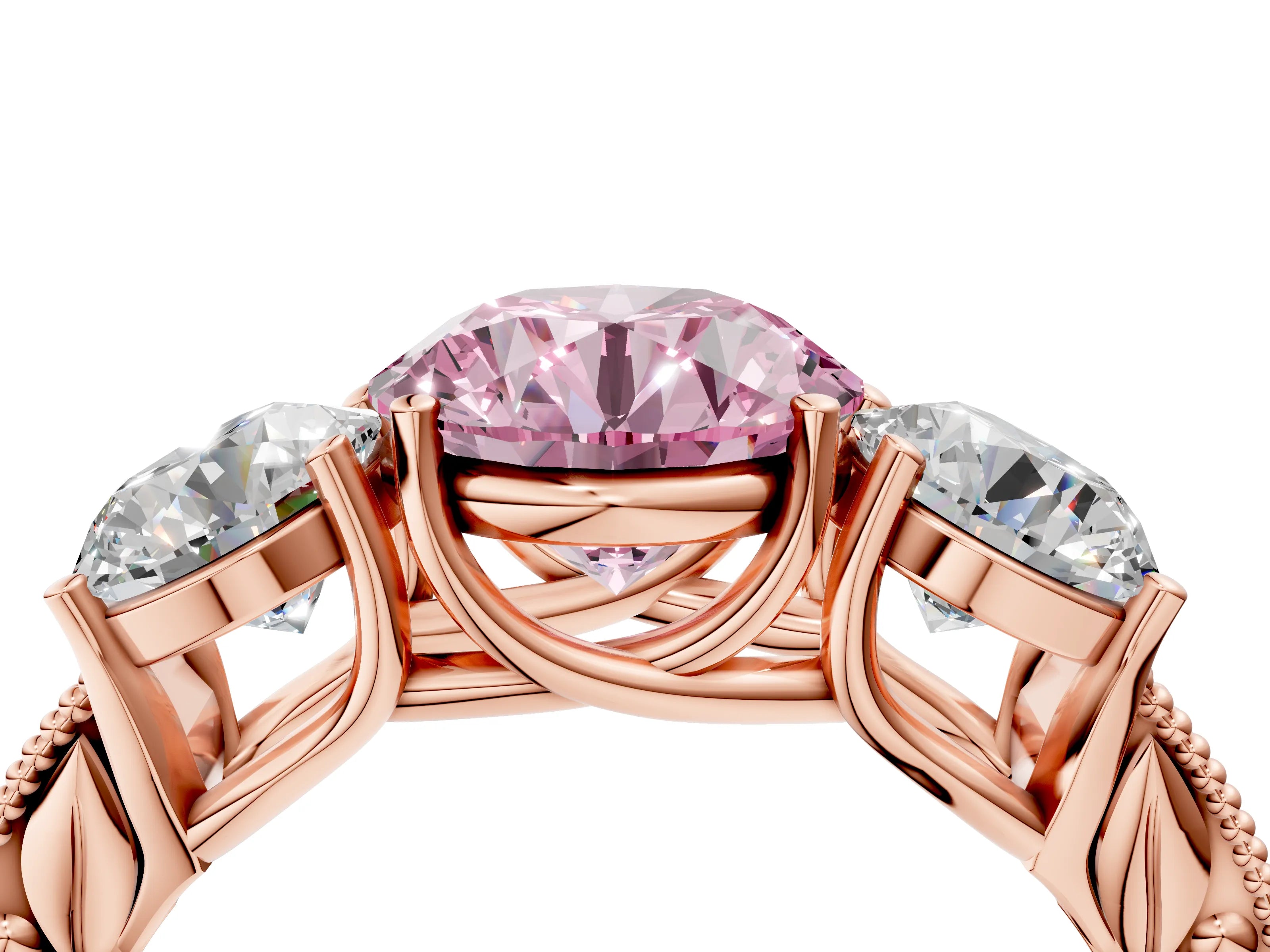 Rose gold Three-Stone Fancy Pink Round Cut Cut Milgrain Pavé Engagement Ring_4