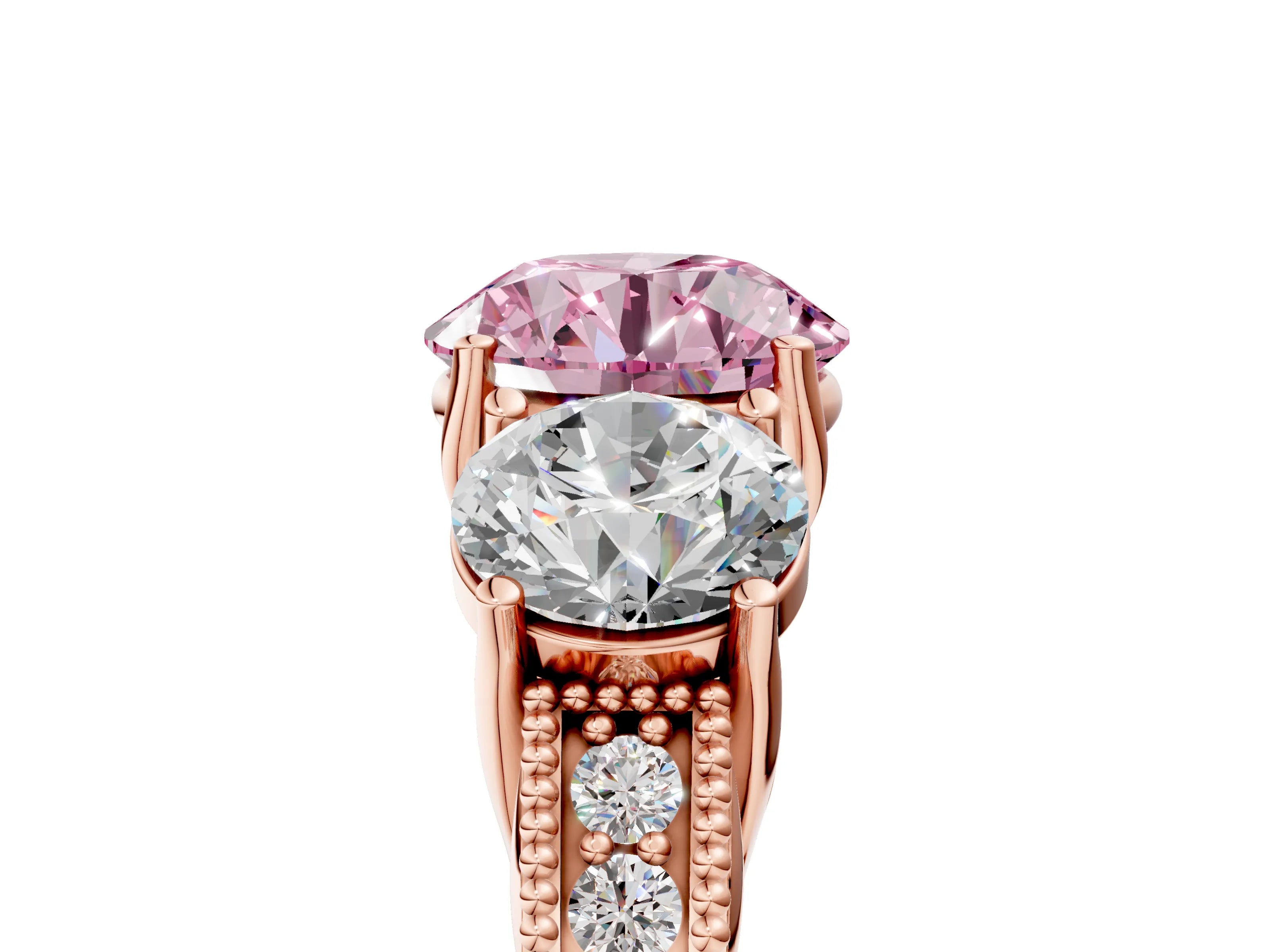 Rose gold Three-Stone Fancy Pink Round Cut Cut Milgrain Pavé Engagement Ring_5