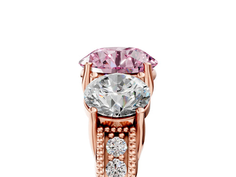 Rose gold Three-Stone Fancy Pink Round Cut Cut Milgrain Pavé Engagement Ring_5