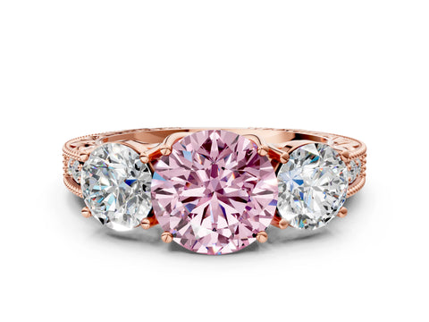 Rose gold Three-Stone Fancy Pink Round Cut Cut Milgrain Pavé Engagement Ring