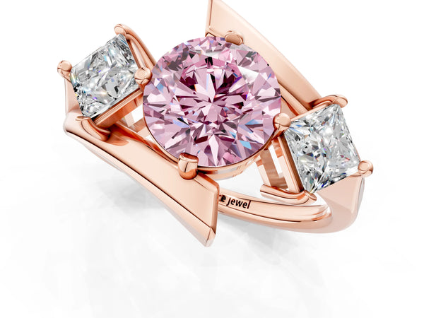 Rose gold Three-Stone Fancy Pink Round Cut Cut Tension Band Ring with Four-Prong Setting