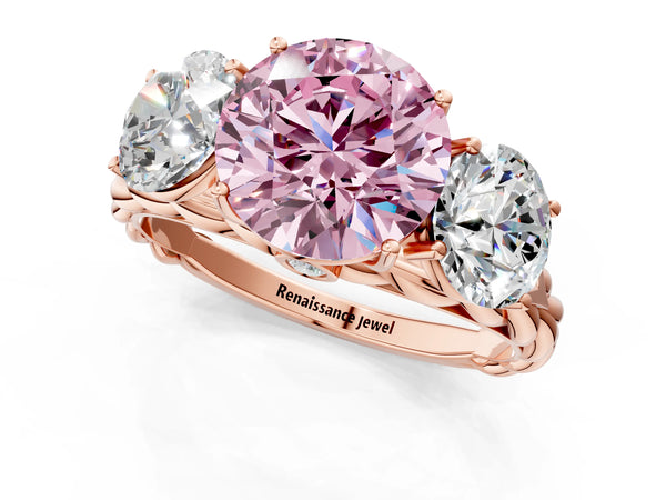 Rose gold Three-Stone Fancy Pink Round Cut Diamond Braided Band Ring with Four-Prong Setting