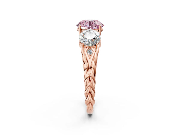 Rose gold Three-Stone Fancy Pink Round Cut Diamond Braided Band Ring with Four-Prong Setting