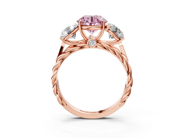 Rose gold Three-Stone Fancy Pink Round Cut Diamond Braided Band Ring with Four-Prong Setting
