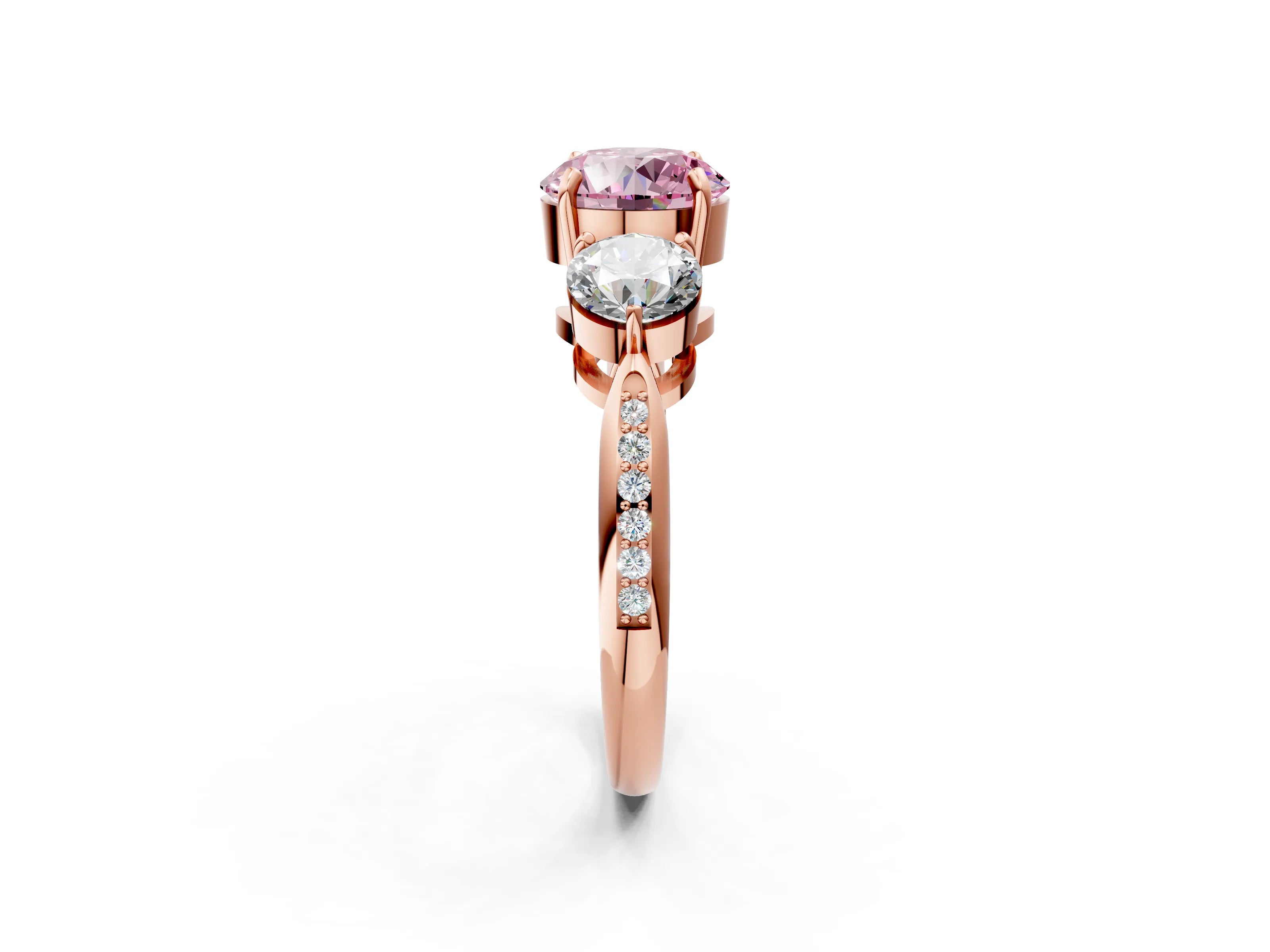 Rose gold Three-Stone Fancy Pink Round Cut Diamond Channel Set Engagement Ring with Prong Setting_2