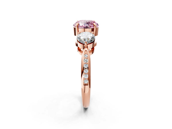 Rose gold Three-Stone Fancy Pink Round Cut Diamond Channel Set Engagement Ring with Prong Setting