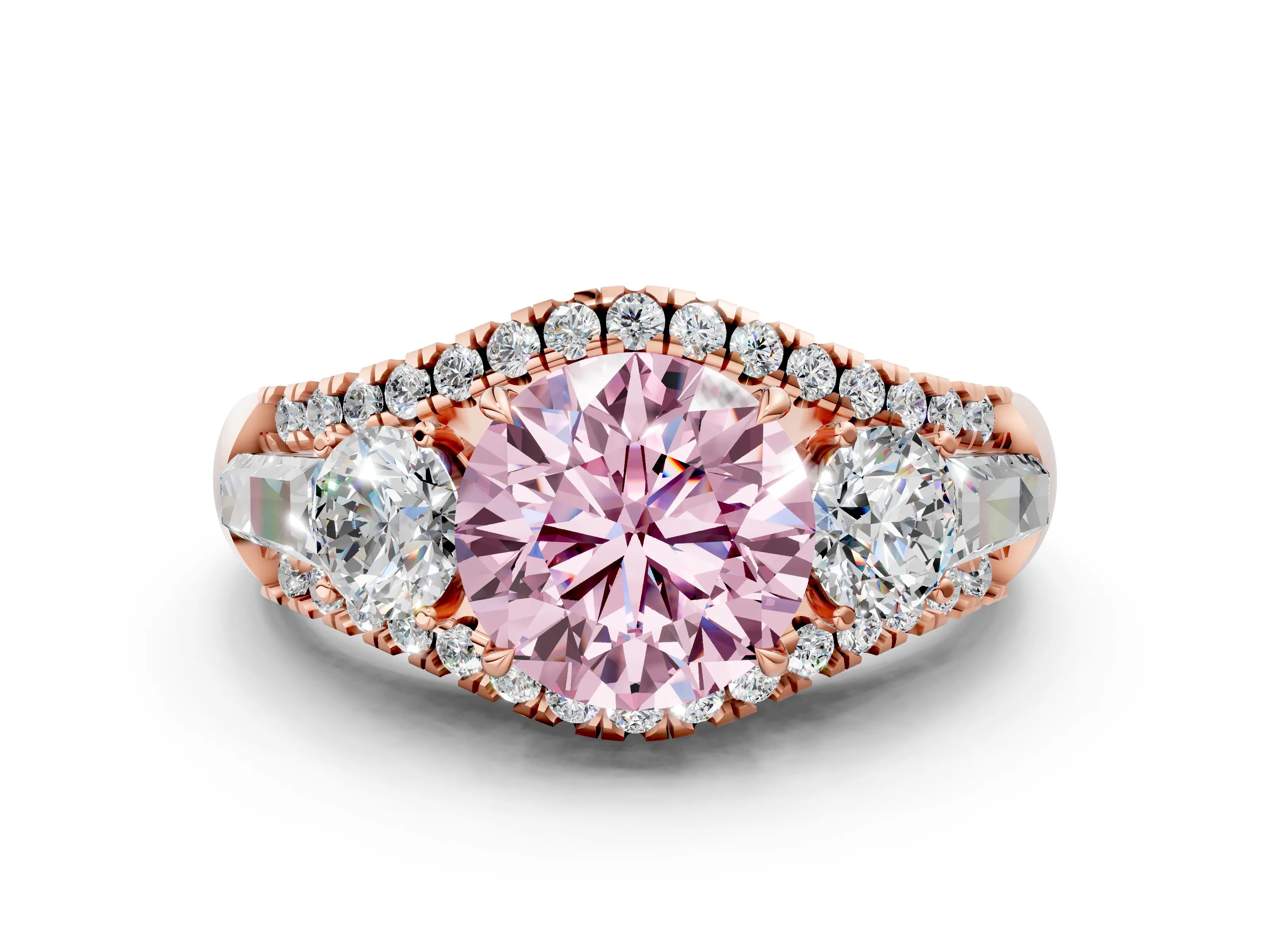 Rose gold Three-Stone Fancy Pink Round Cut Diamond Engagement Ring with Pave Band and Prong Setting