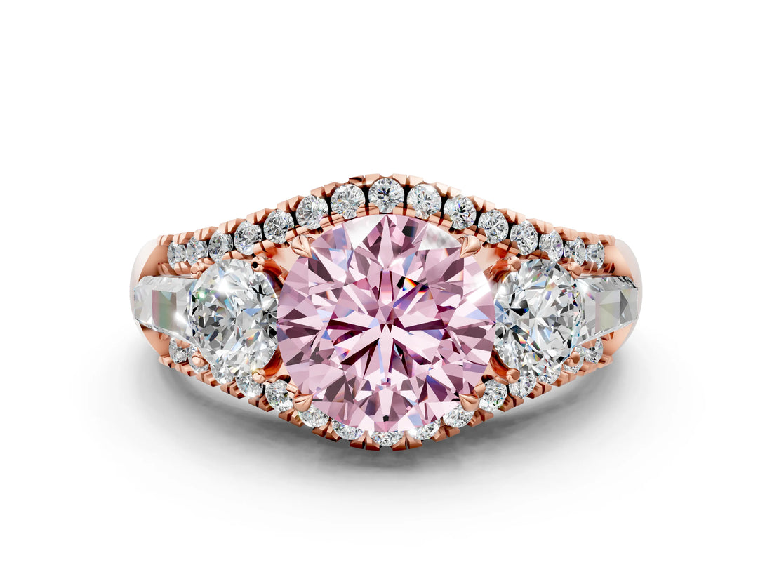 Rose gold Three-Stone Fancy Pink Round Cut Diamond Engagement Ring with Pave Band and Prong Setting